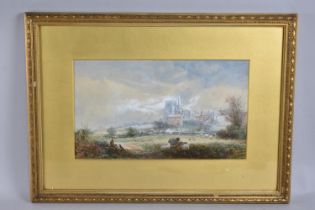 A Gilt Framed 19th Century Watercolour Depicting Cathedral with Shepherd and Sheep to Foreground,