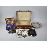 A Vintage Case Containing Silver Plated Cruet Set, Five Shallow Bowls, Clock Mount Etc