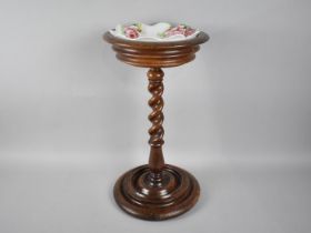 An Edwardian Turned Oak Stand with Barley Twist Support, unrelated Rose Patterned Bowl, 50cms High