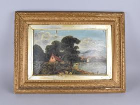 A Gilt Framed Oil on Card Depicting Thatched Cottage Beside Lake with Board, Condition AF, 38x23cms