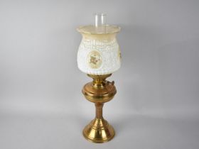 A 20th Century Brass Oil Lamp with Opaque Glass Shade with Floral Decoration and Plain Chimney,