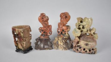 A Collection of Four Chinese Carved Soapstone Figures and Spill Vases, Tallest 16cms High