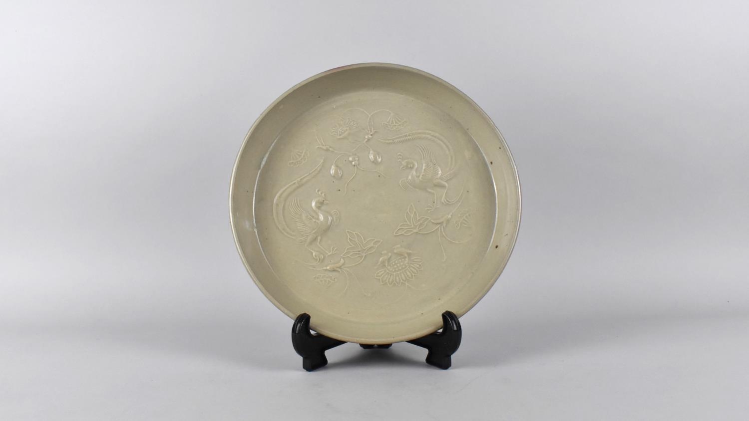 A Chinese Celadon Brush Washer/Dish Decorated in Shallow Relief with Phoenix and Lotus, 22cm