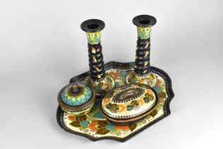 A Gouda Pottery Five Piece Dressing Table Set to Comprise Two Candlesticks, Tray and Two Lidded Pots