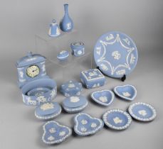 A Collection of Wedgwood Jasperware to Comprise Mantle Clock, Dishes, Lidded Pots, Vase etc