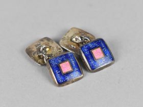 A Pair of Silver and Enamel Cufflinks, Pink and Blue Enamel with Central Envelope and Leaf