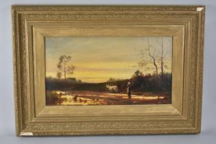 An Early 20th Century Gilt Framed Oil on Card, Rural Landscape at Dusk with Cattle and Lady to