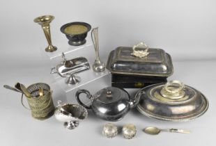 A Collection of Various Metalwares to Comprise Silver Plated Lidded Entree Dishes, Helmet Shaped