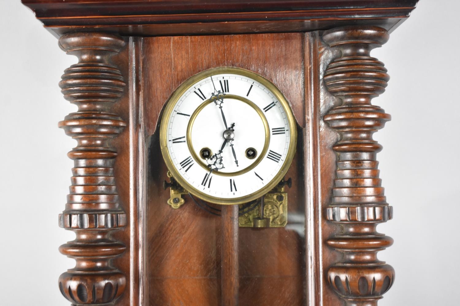 An Edwardian Mahogany Vienna Style Wall Clock with Carved Half Pilaster Decoration, Eight Day - Image 2 of 4