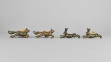 Two Pairs of Modern Metal Hunting Hanging Brackets in the Form of Hares and Foxes, 7cms Long