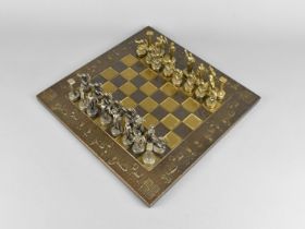 A Mid 20th Century Metal Chess Set and Board, Missing Brass King, Board 32cms Square