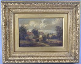 A Gilt Framed 91th Century Oil on Canvas, Mill in Rural Landscape with Figure in Lane, 30x19cms
