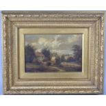 A Gilt Framed 91th Century Oil on Canvas, Mill in Rural Landscape with Figure in Lane, 30x19cms