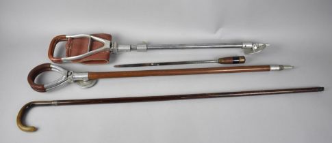 Two Vintage Shooting Sticks, a Horn Handled Silver Banded Walking Stick and a Brass Handled Poker