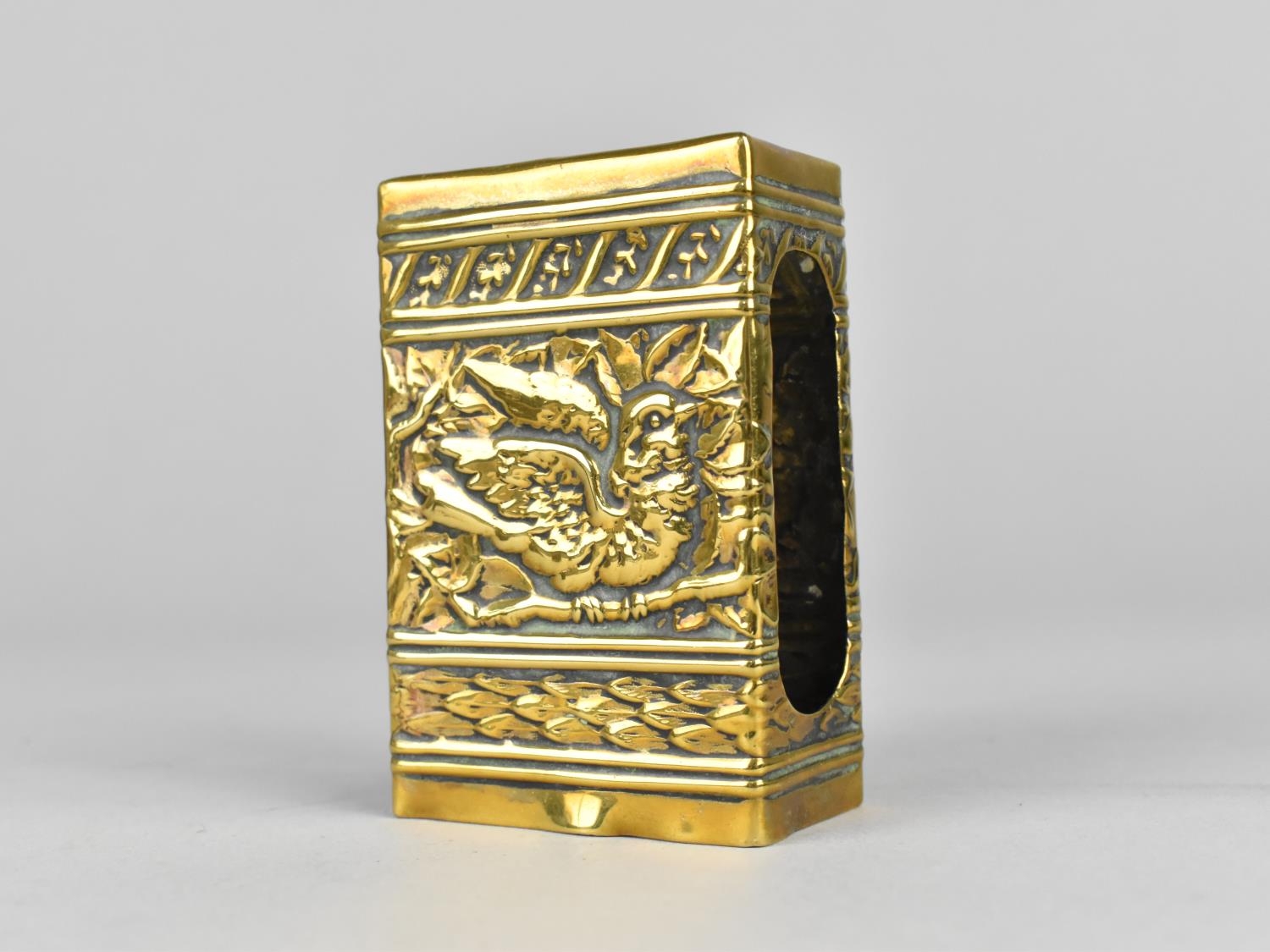 A Late Victorian Brass Matchbox Holder, Decorated in Relief with Birds, 7.75cms Long - Image 2 of 3