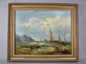 A Reframed 19th Century Oil Depicting Sailing Ships Anchored on Stormy Beach, 49.5x39.5cms