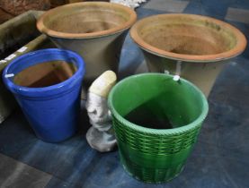 Two Terracotta Plant Pots, Two Glazed Pots and a Gnome Bust