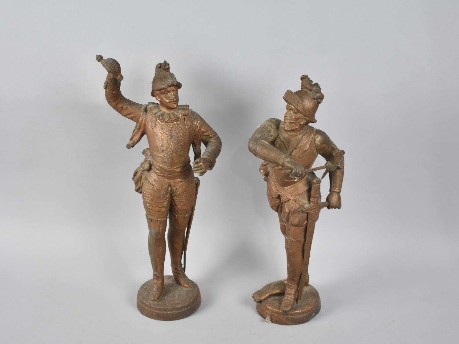 A Pair of Continental Bronzed Spelter Figures of Warriors in Armour, One Sword AF, 34cms High