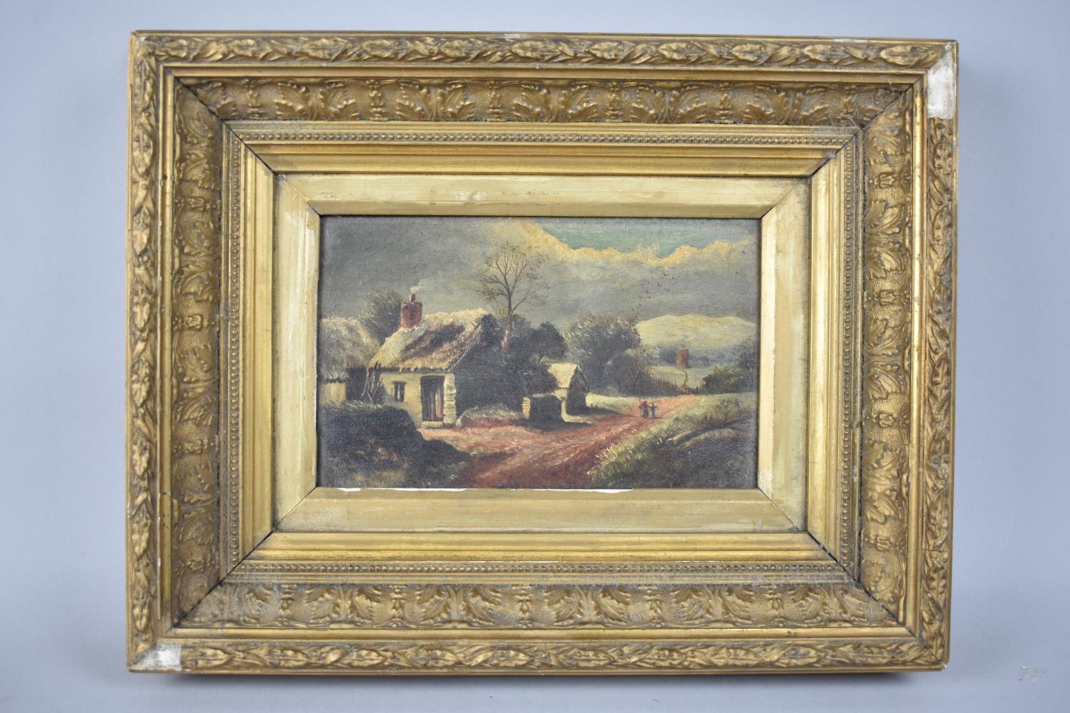 A Gilt Framed 19th Century Oil on Canvas, Thatched Cottage in Winter Landscape, 21x13cms