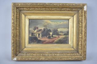 A Gilt Framed 19th Century Oil on Canvas, Thatched Cottage in Winter Landscape, 21x13cms