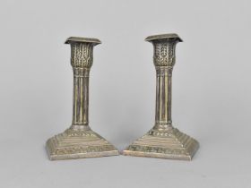 A Pair of Edwardian Silver Plated Corinthian Column Candlesticks on Stepped Square Bases, 15cms High