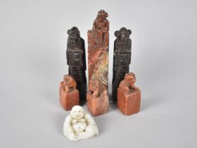 A Collection of Carved Soapstone Chinese Seals with Figure and Temple Dog Finials, Also a Carved