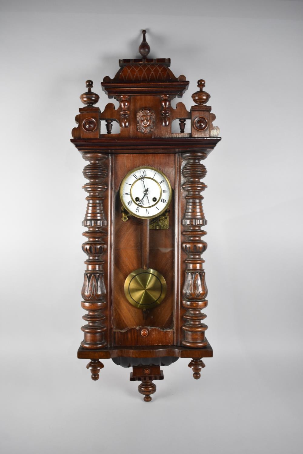An Edwardian Mahogany Vienna Style Wall Clock with Carved Half Pilaster Decoration, Eight Day