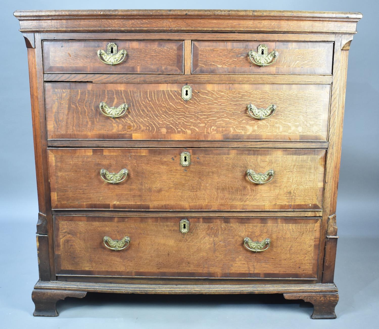 A 19th Century Oak Chest of Two Short and Three Long Drawers, Cross Banded with Mahogany, Brass Drop