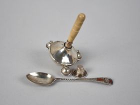 A Silver Mounted Babies Rattle, Birmingham 1928 by FHA &Co, Together with an Inlaid Silver Teaspoon,