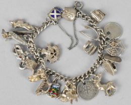 A Silver Charm Bracelet, Various Charms to include Stag, Articulated Penknife, Irish Harp Etc, 45.