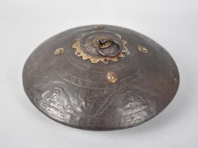 A Circular Far Eastern Brass Mounted Metal Opium or Spice Box with Lid, 20cms Diameter