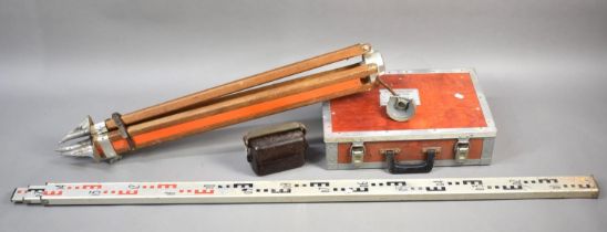 A Vintage Kern Dumpy Level with Tripod and Staff, Cased Water Balancing System Etc