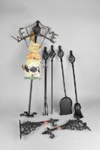 A Wrought Metal Fireside Set (Frame Missing Piece) Together with Two Wall Cast Wall Hangers and a '