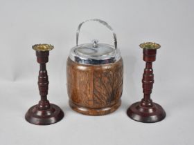 A Pair of Metal Mounted Turned Wooden Travellers Candlesticks together with a Carved Oak Biscuit