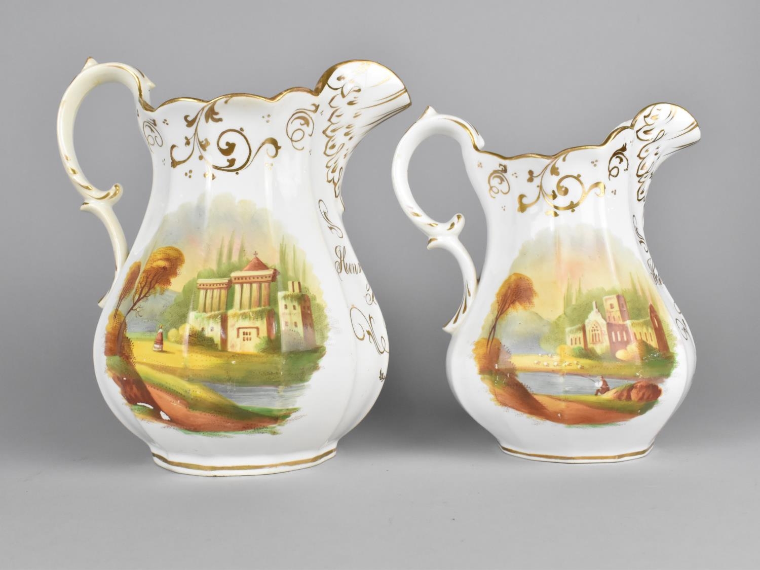 Two 19th Century Jugs Both Hand Painted with Flowers and Classical Ruins, Inscribed in Gilt 'Henry - Image 2 of 4