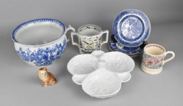 A Collection of Ceramics to Comprise Blue and White Toilet Bowl, Beswick Cat, Willow Pattern Side