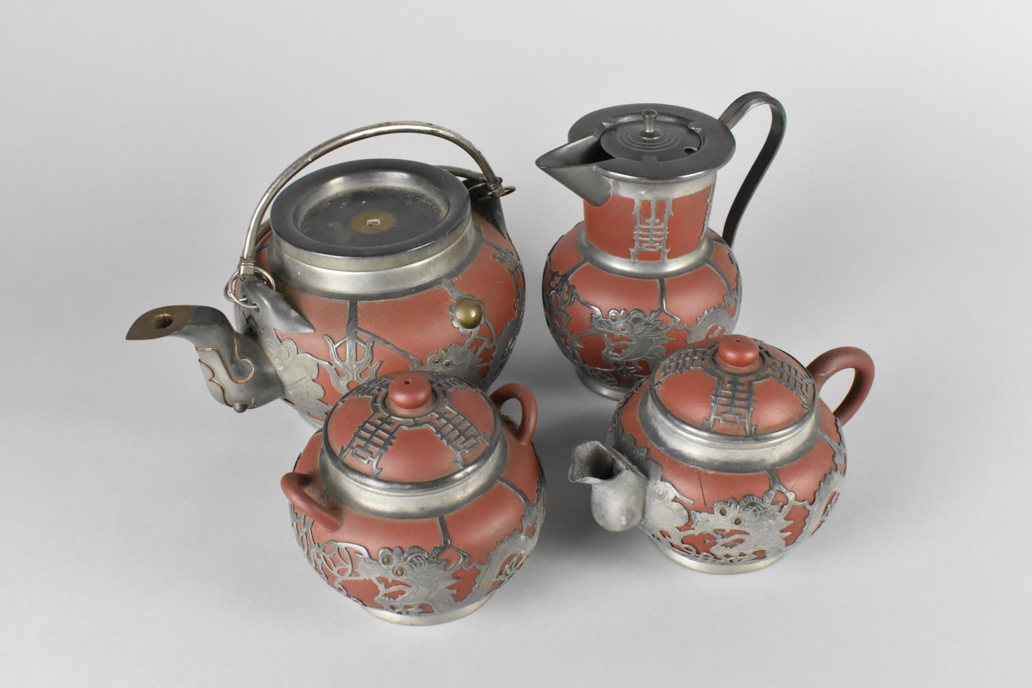 A Chinese Four Piece Yixing Pewter Mounted Tea Service to Comprise Hot Water Pot, Teapot, Smaller - Image 2 of 3