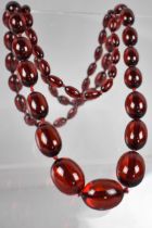 A Long String of 58 Cherry Bakelite Beads, Largest 30mm Long by 21mm High, Smallest 13mm by 8mm,