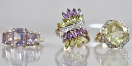 A Collection of Three Jewelled Rings, Each having Diamond Embellishments, to include Peridot,