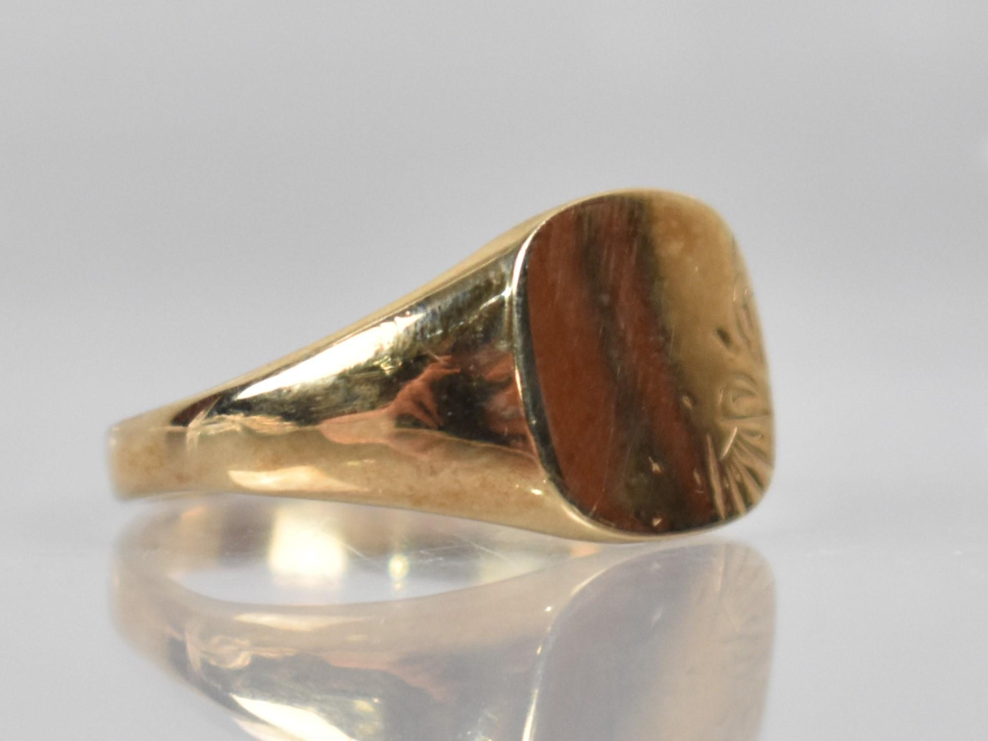 A 9ct Gold Signet Ring, Rectangular Panelled Head to Wide Tapered Shoulders and a Plain Polished - Image 2 of 3