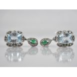 A Pair of Diamond, Aquamarine and Emerald Drop Earrings, Cushion Cut Central Aquamarines Measuring