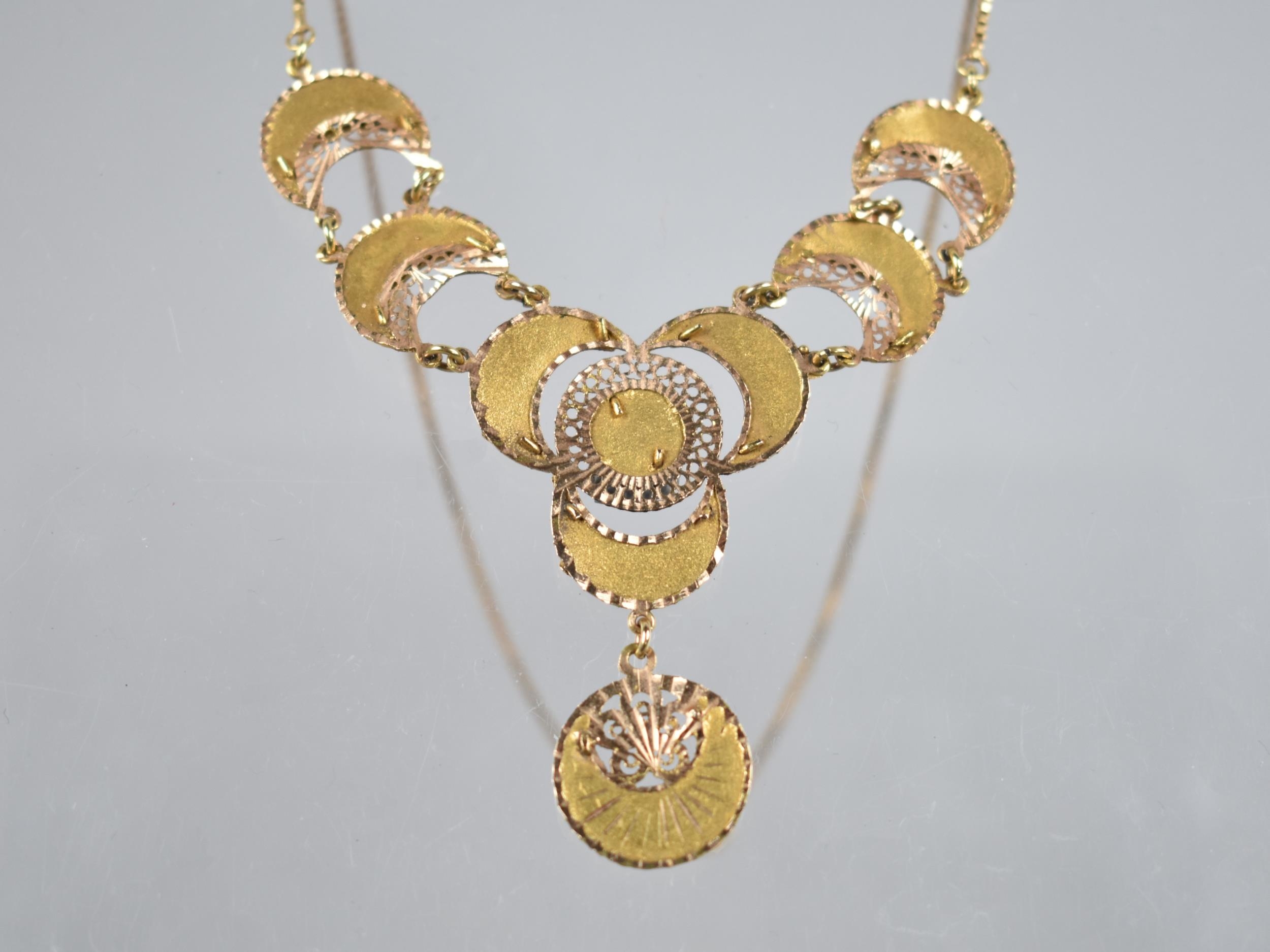 A Two Tone Gold Metal Filigree Necklace Comprising Crescents Raised on Textured Plaques, Each 16mm - Image 3 of 3