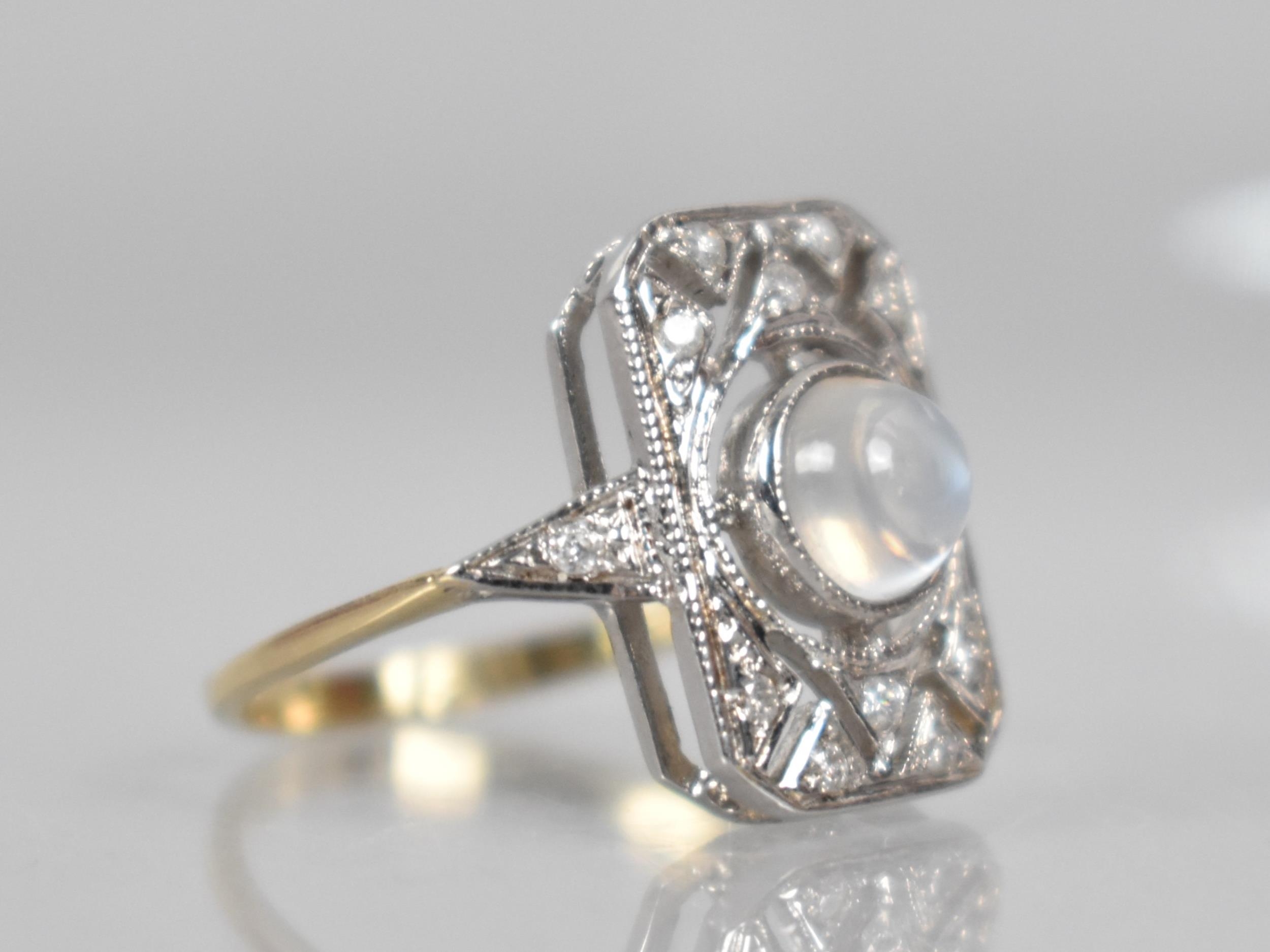 A Diamond and Moonstone Art Deco Style Dress Ring, Round Cabochon Cut Moonstone Measuring 5.9mm - Image 2 of 3