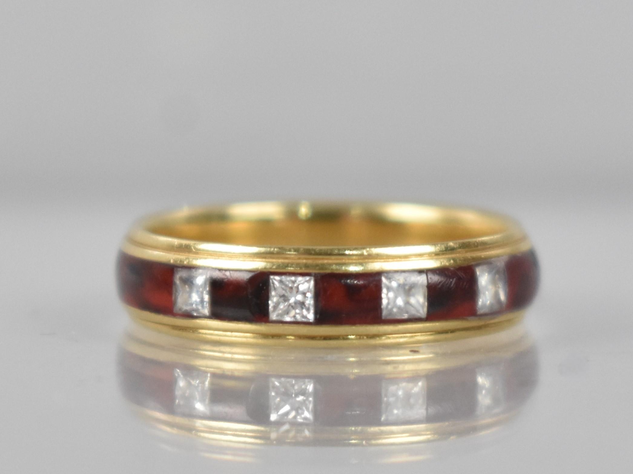 An 18ct Gold, Diamond and Enamel Ring, Four Square Cut Diamonds (1.7mm Square) in Marbled Red Enamel