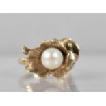 An Art Nouveau Style Pearl Mounted Floral Ring in Gold Metal, Central Pearl (7.2mm Diameter Approx),