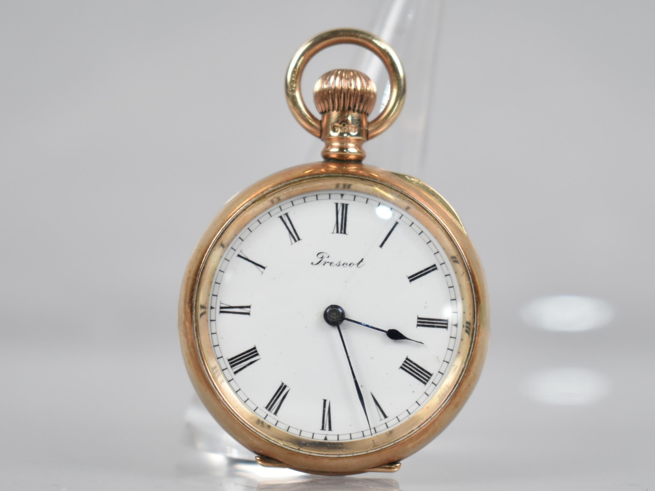 A 9ct Gold Cased Pocket Watch by Prescot, White Enamelled Dial with Roman Numeral Hour Indicators
