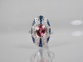 A 14ct Gold, Tourmaline, Sapphire and Diamond Art Deco Style Dress Ring, Oval Pink Tourmaline