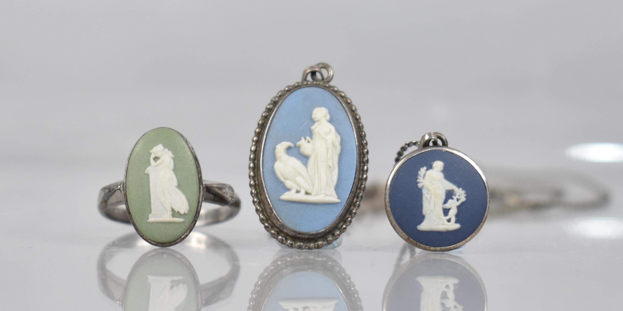 Three Silver Mounted Wedgwood Jasperware Items, Ring and Two Pendants on Chains