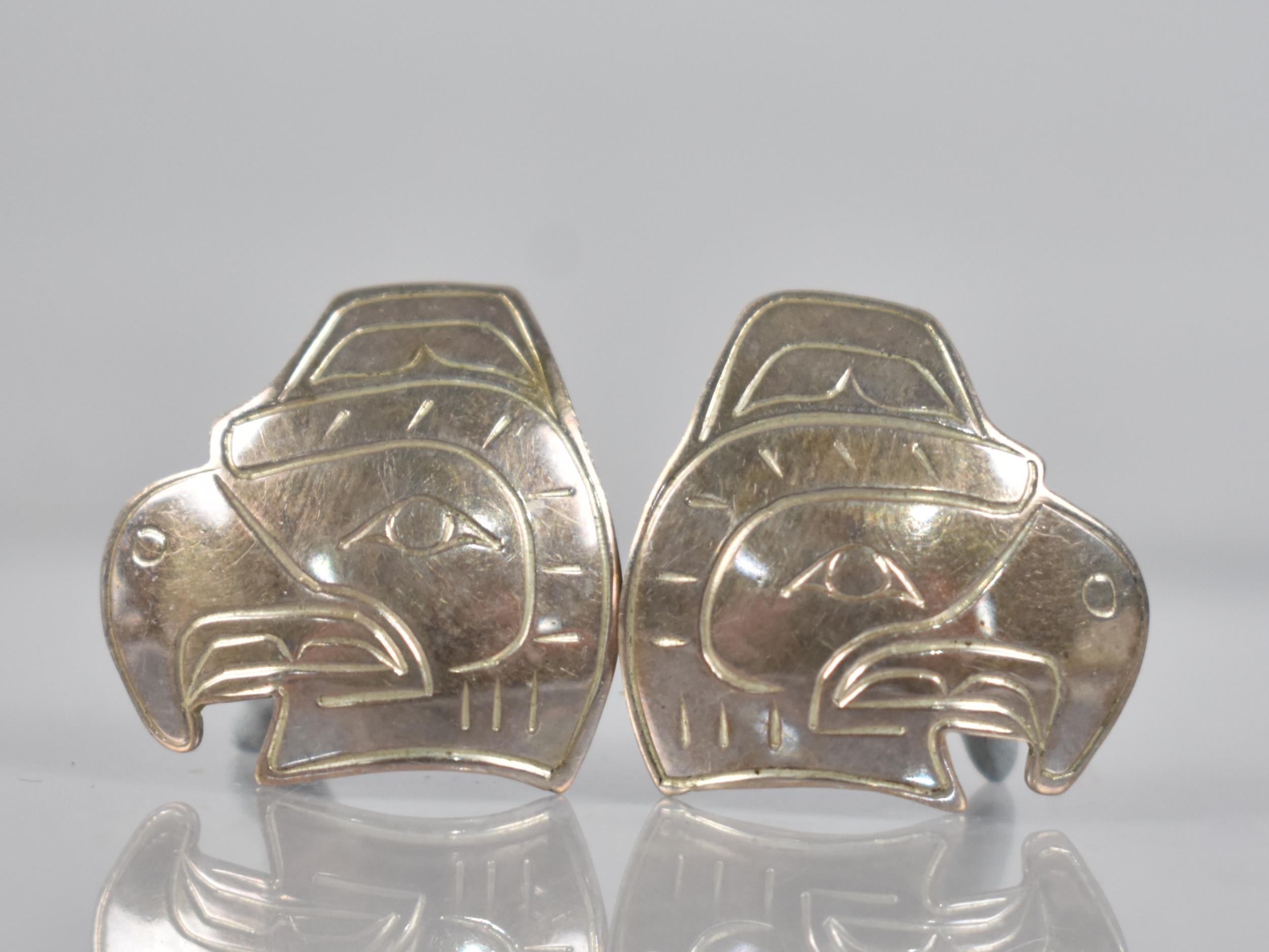 A Pair of Signed Native American/Canadian Eagle Head Earrings, 21mm Wide and 20.5mm High, Signed JP?