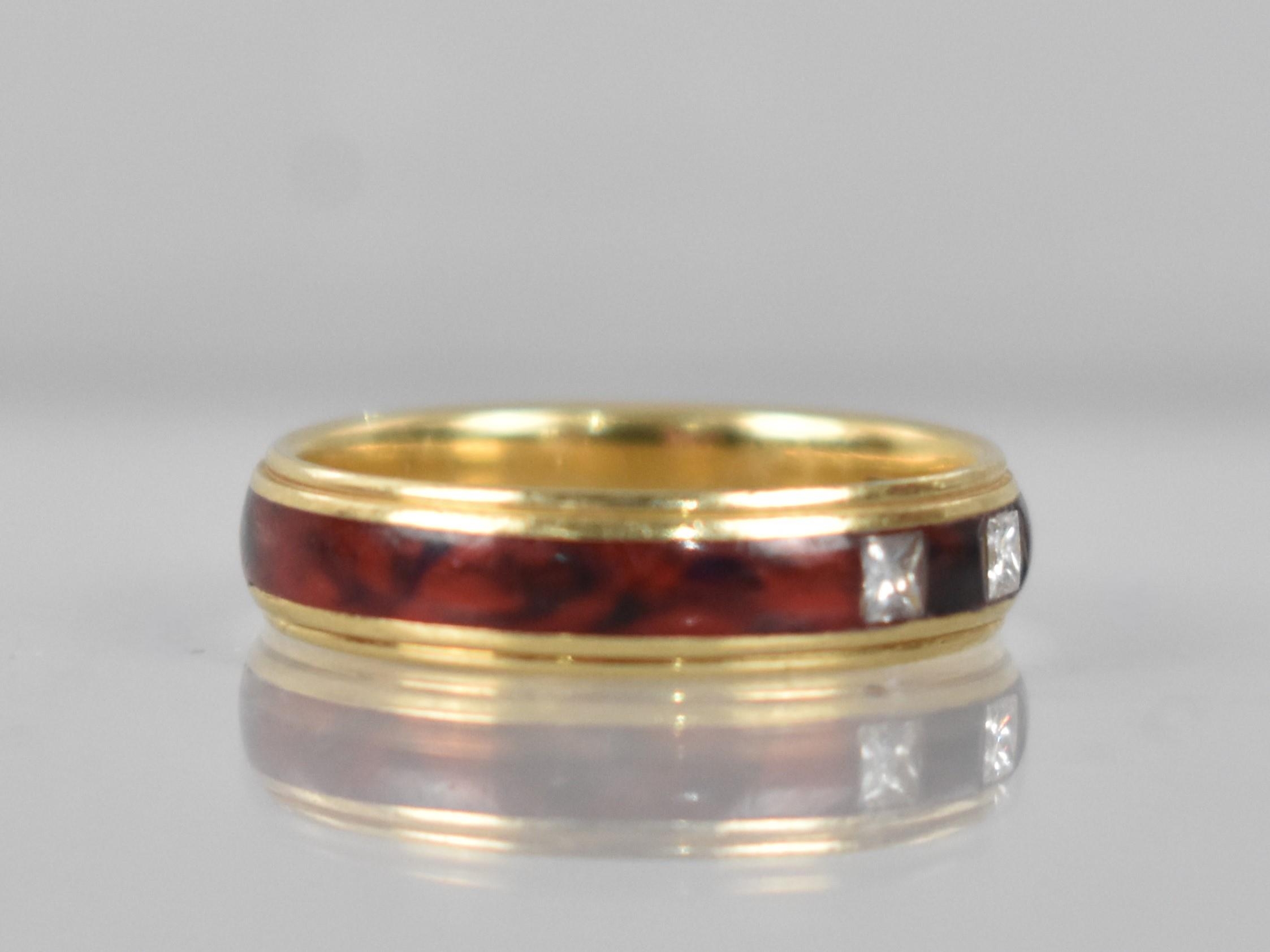 An 18ct Gold, Diamond and Enamel Ring, Four Square Cut Diamonds (1.7mm Square) in Marbled Red Enamel - Image 2 of 3